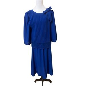 Good Times Vintage 80s Royal Blue Pleated Drop Waist Lace Trim Midi Dress 13/14